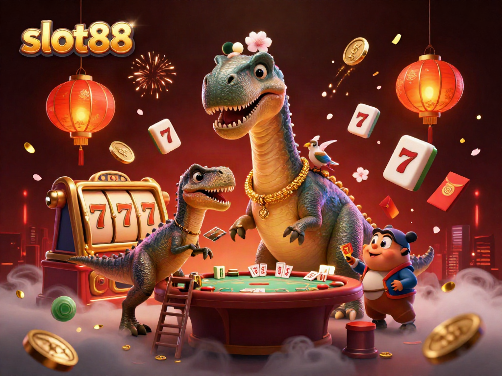 Experience thrill with slot88 featuring a brontosaurus and a raptor amid casino action.