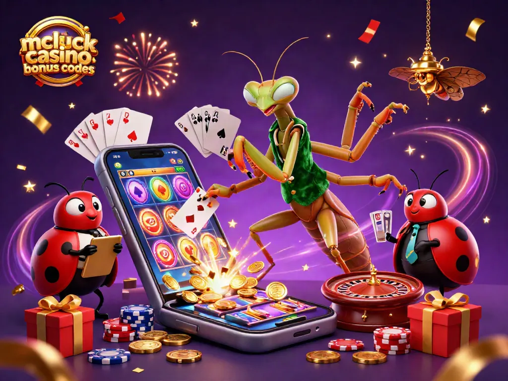 Play with mcluck casino bonus codes featuring a praying mantis card sharp and ladybug pit boss in a vibrant casino scene.