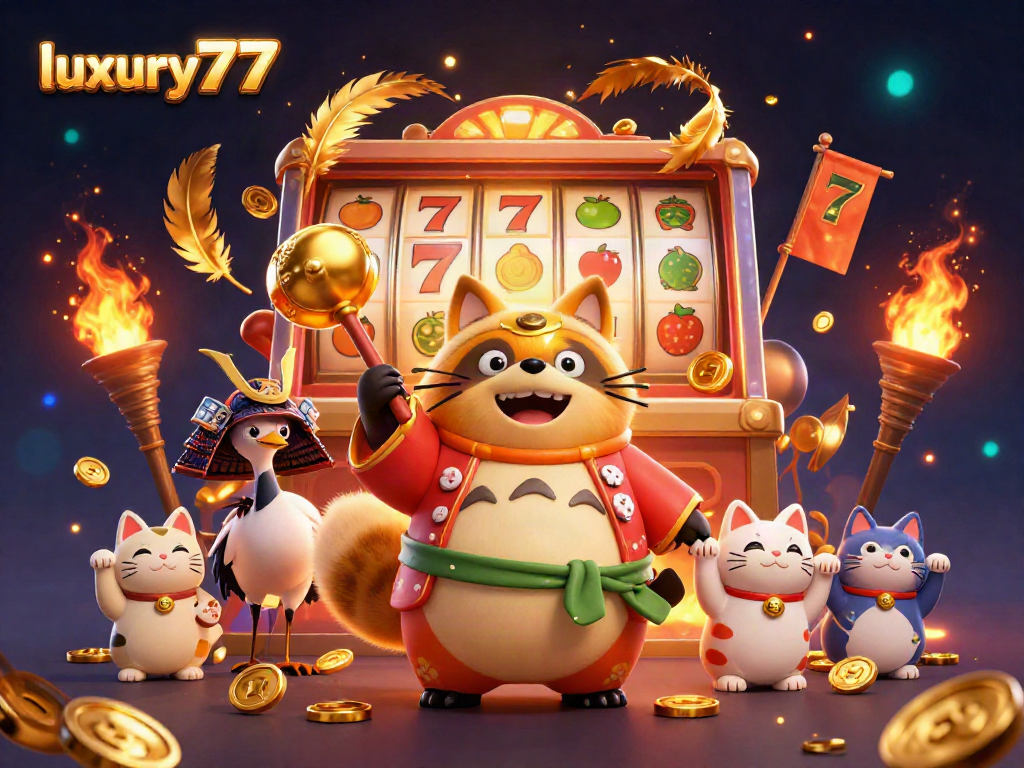 Taruhan slot mewah luxury777 dengan tanuki beruntung dan kucing maneki-neko.
