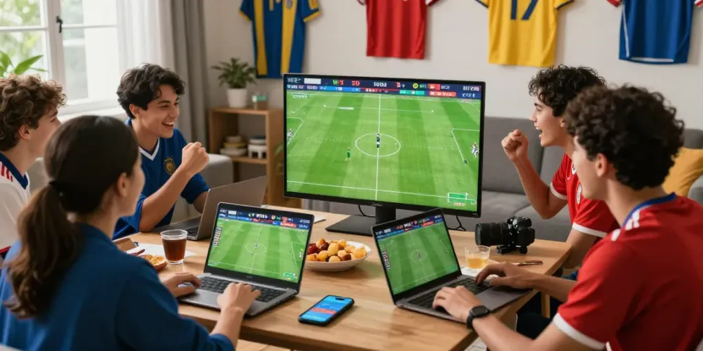 Friends engaging in betting on WWBOLA while watching a soccer match, creating a lively sports atmosphere.