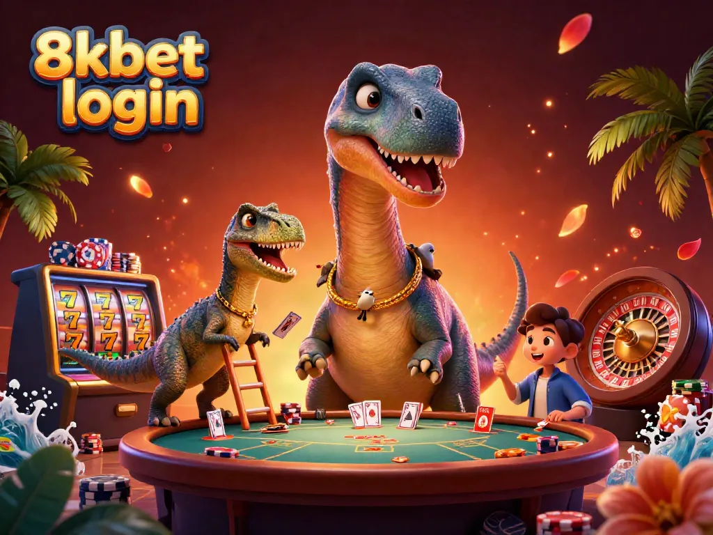 Engage with the thrilling 8xbet login scene featuring playful characters at a vibrant casino setting.