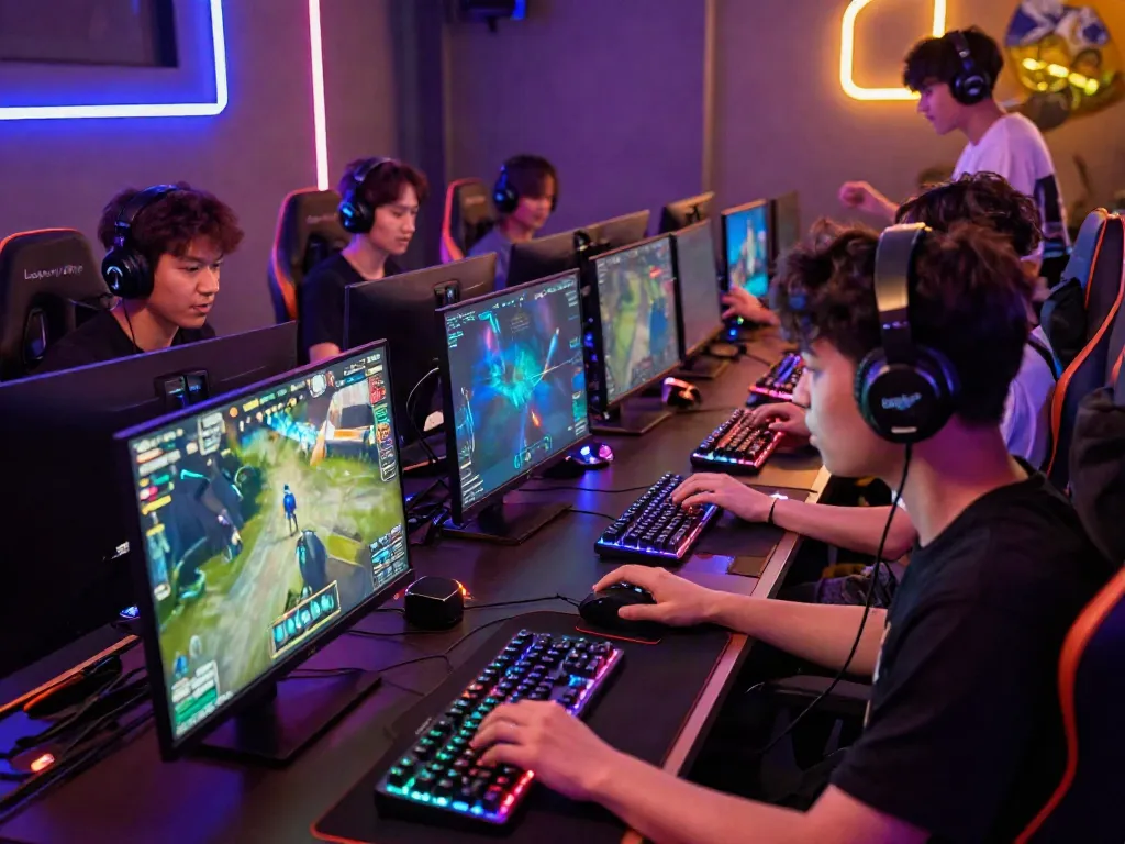 Dynamic online gaming experience with players on Luxury111 platform, showcasing competitive atmosphere and advanced gaming equipment.