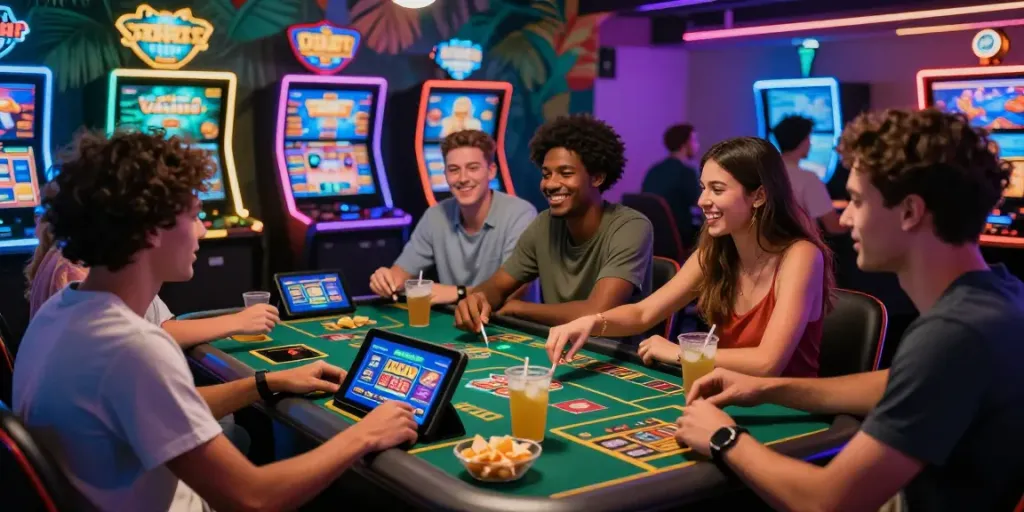 Spieleabend mit Freunden im Verde Casino, bunte Lichter und spannende Online-Gaming-Atmosphäre.