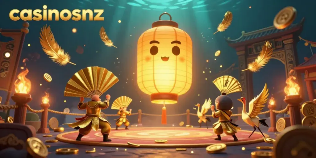 Experience the thrill of casinosnz with a vibrant 3D illustration of a golden lantern spirit and intricate casino elements.