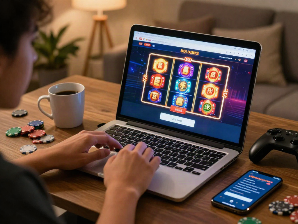 User engaging in a slot deposit qris 5k on a laptop in a stylish home setting, highlighting online casino excitement and gaming lifestyle.