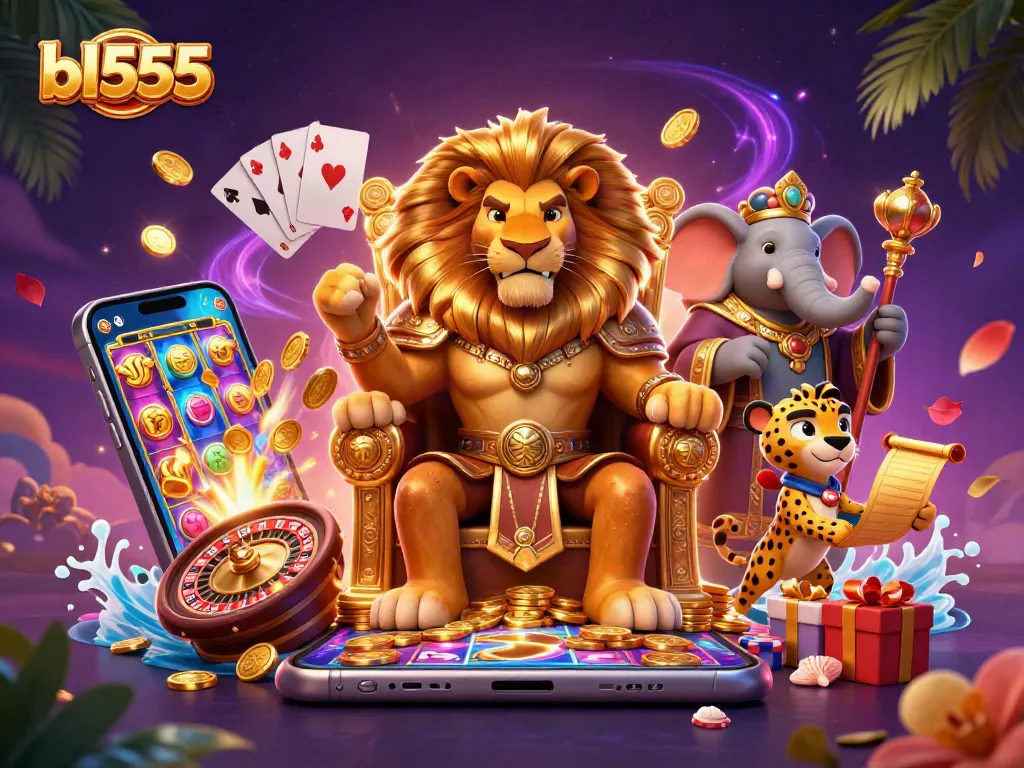 Spin and win at bl555, featuring vibrant characters amidst dynamic casino games and golden winnings.