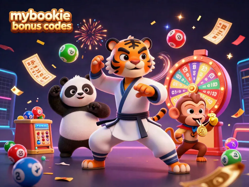 Engage with mybookie bonus codes using vibrant lottery elements in this fun casino scene.