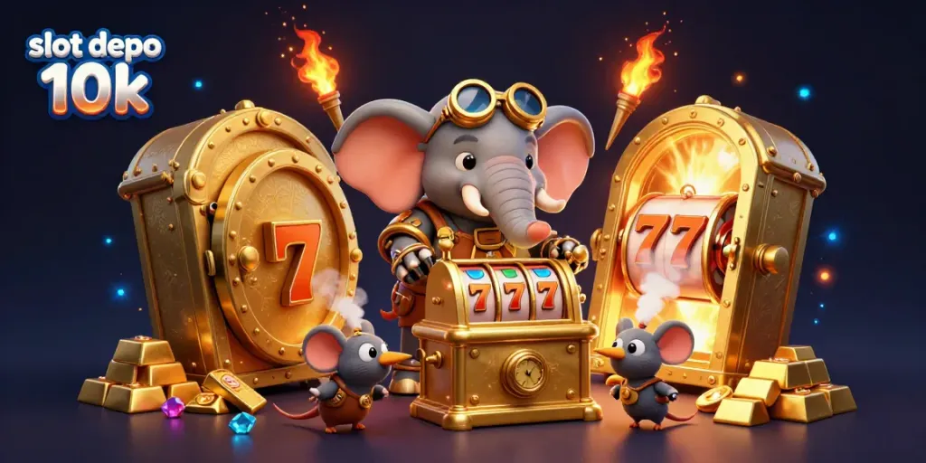 Engage with slot depo 10k through a vibrant, 3D steampunk casino illustration featuring a golden slot machine.
