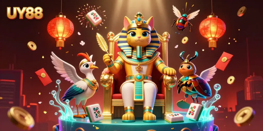 Experience the thrill of UY88 with vibrant casino elements and characters in a captivating 3D scene.