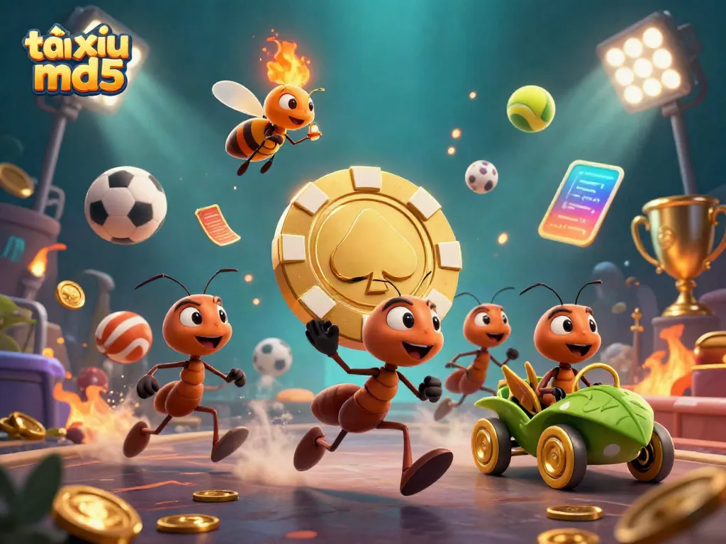 Experience the thrill of tài xỉu md5 with animated ants, golden chips, and dynamic sports elements in a vibrant casino scene.