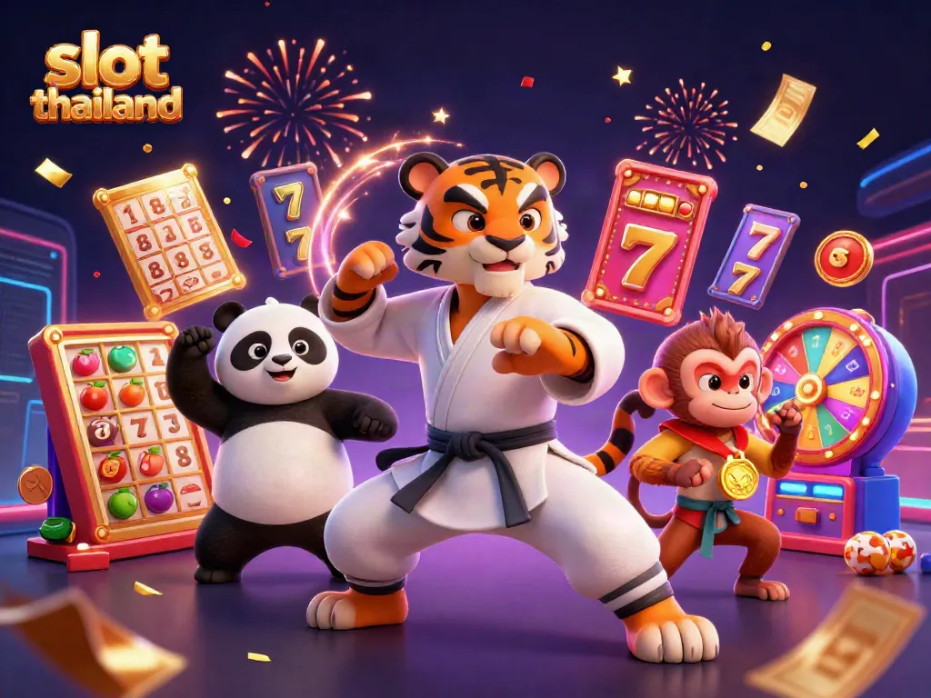 Engage in exciting slot thailand gameplay with 3D animated characters amidst sparkling jackpots and festive elements.