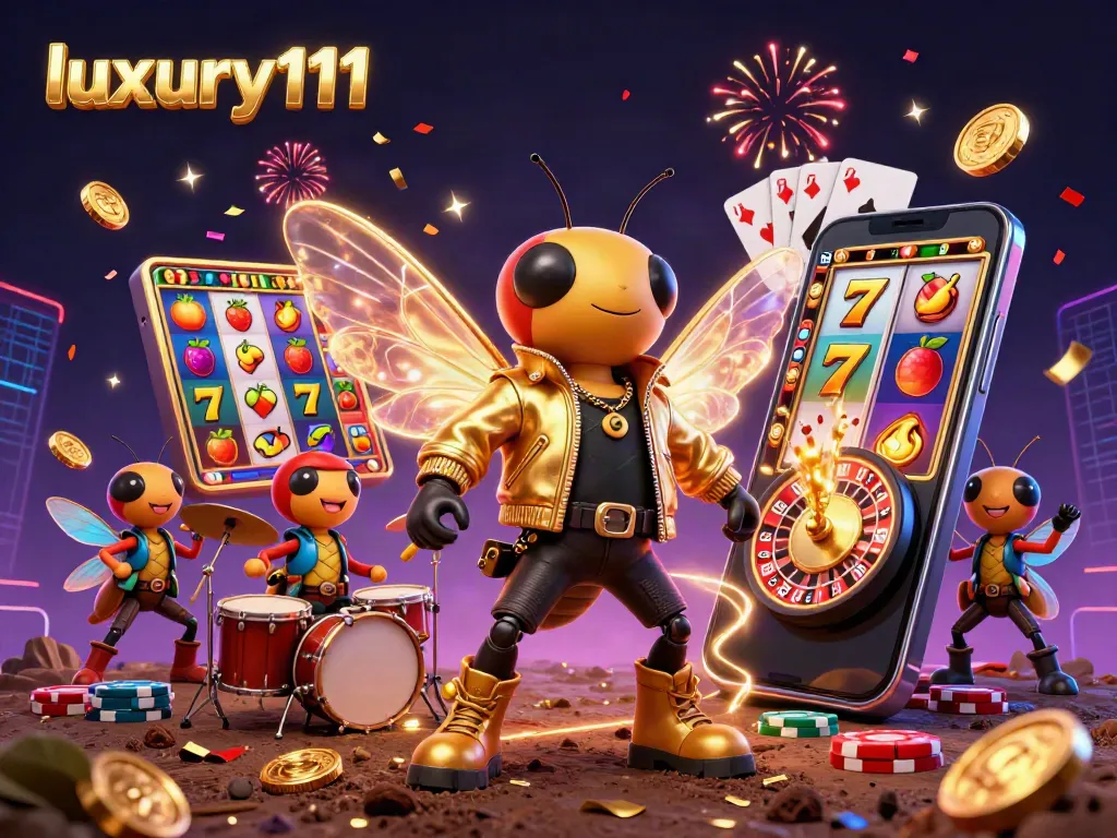 luxury111 slots party featuring a cicada rock star, beetle drummer, and vibrant gaming elements