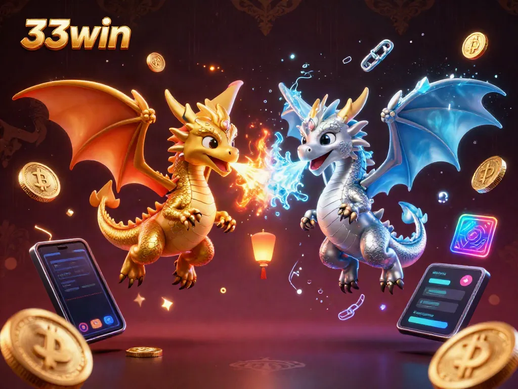 Engage with 33win's vibrant illustration showcasing dynamic dragons and crypto elements in a thrilling casino atmosphere.