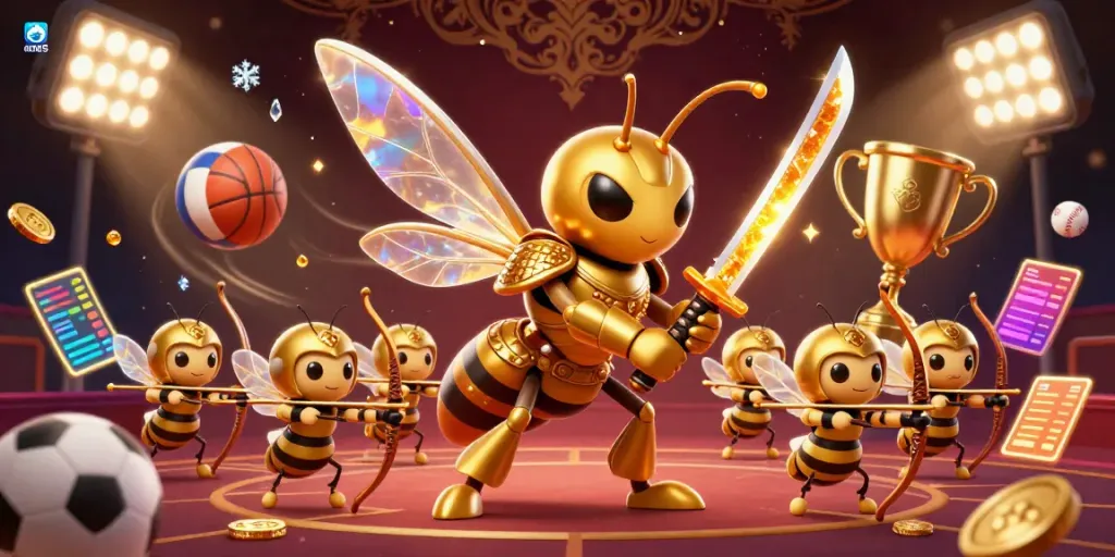 Tài xỉu md5 illustrated scene with golden hornet samurai and bee archers in a dynamic gambling environment.