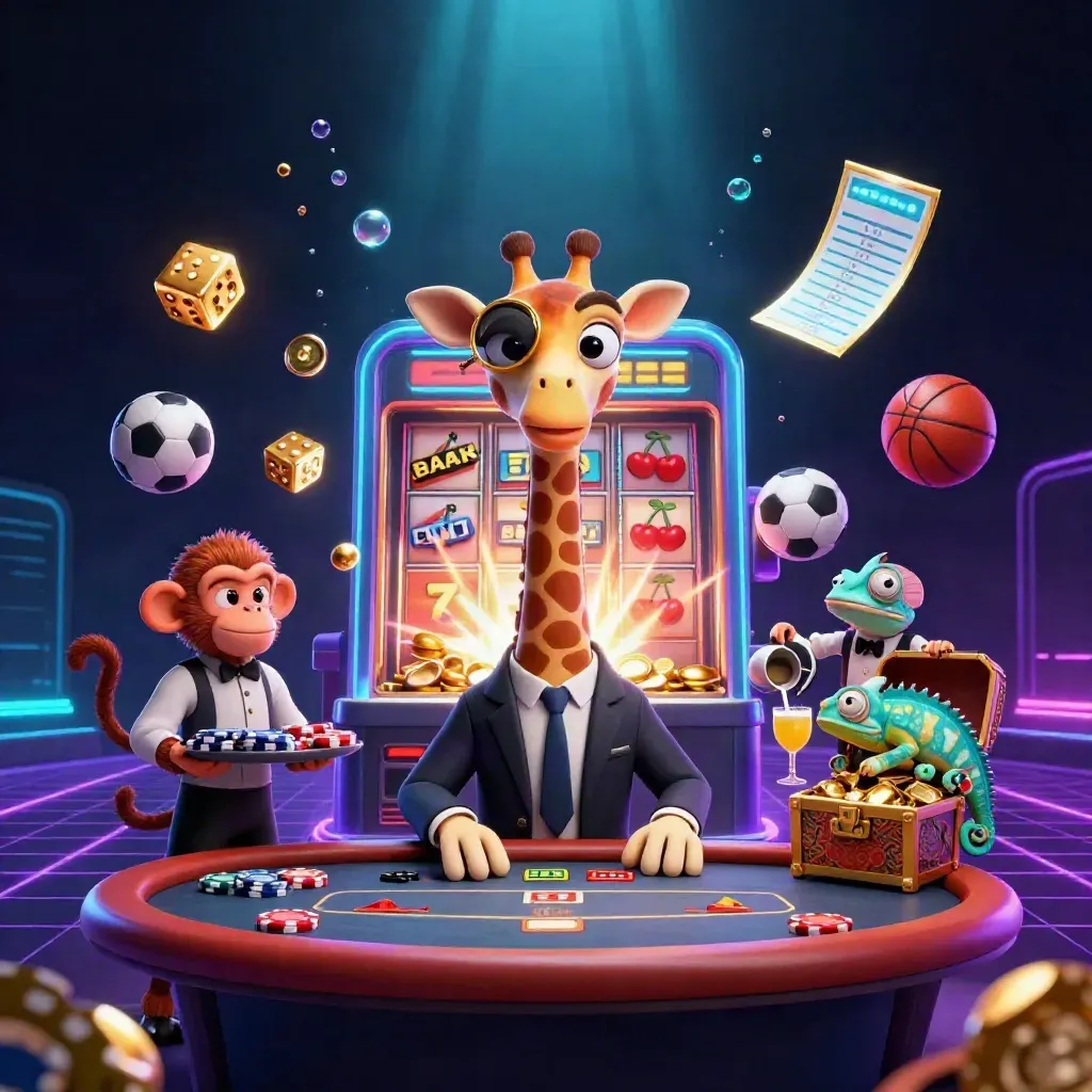 Giraffe, monkey valet, and chameleon bartender amid casino bursts, gold glow, and sports-bet icons.