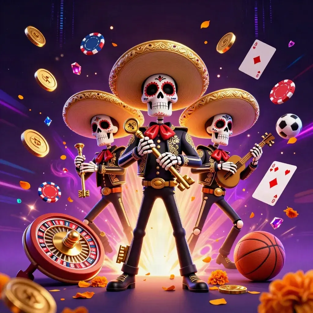 Skeleton mariachi trio amid coins, roulette, cards, chips, and glowing sports gear.