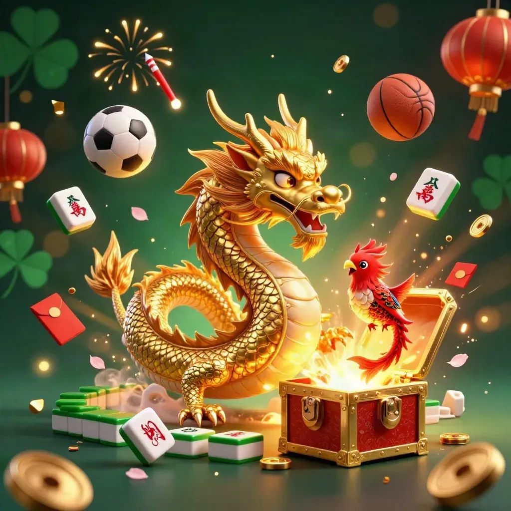Golden dragon, phoenix and koi explode around casino icons under dramatic gold light.