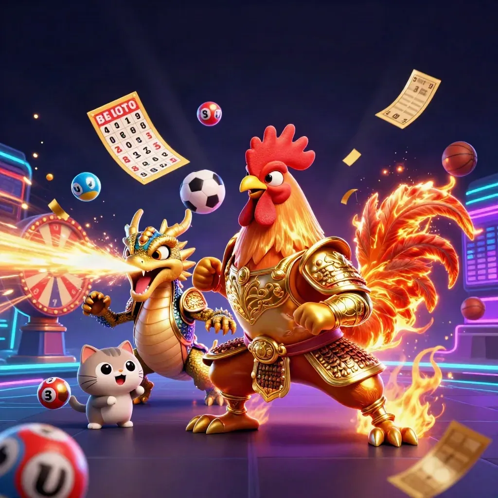 Rooster samurai, dragon hatchling, and fortune-cat amid neon casino props and sparks.
