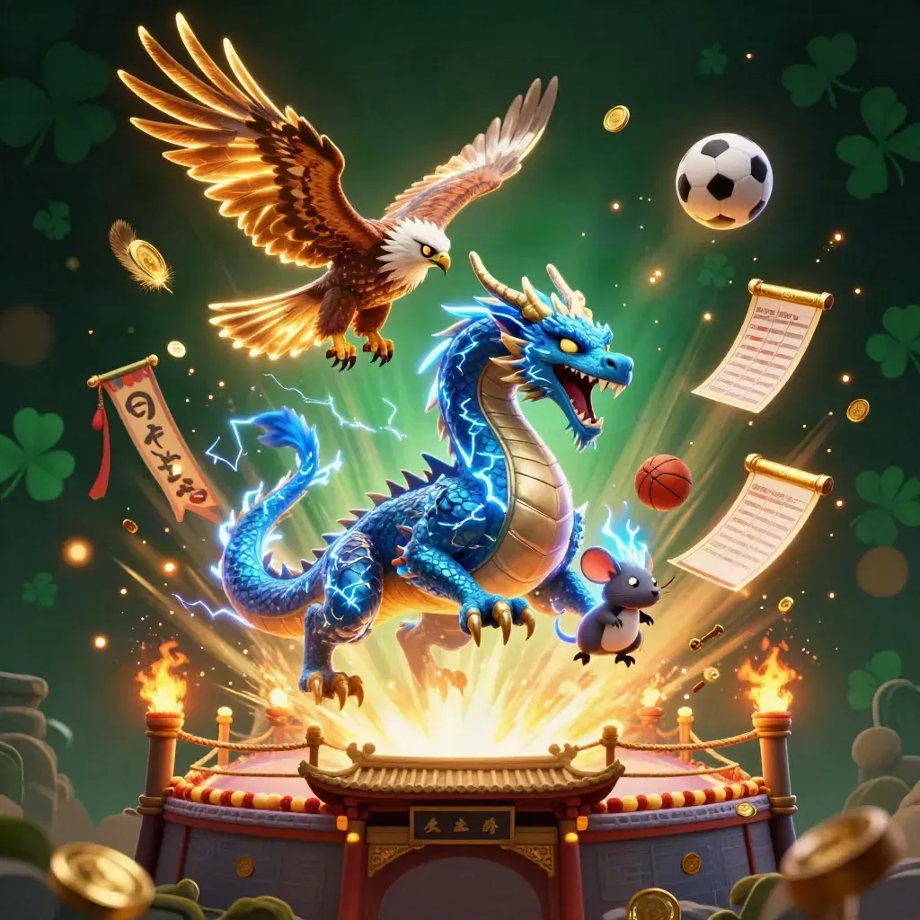 Thunder dragon, wind hawk, and static mouse over a torch-lit ring with gold casino glow.