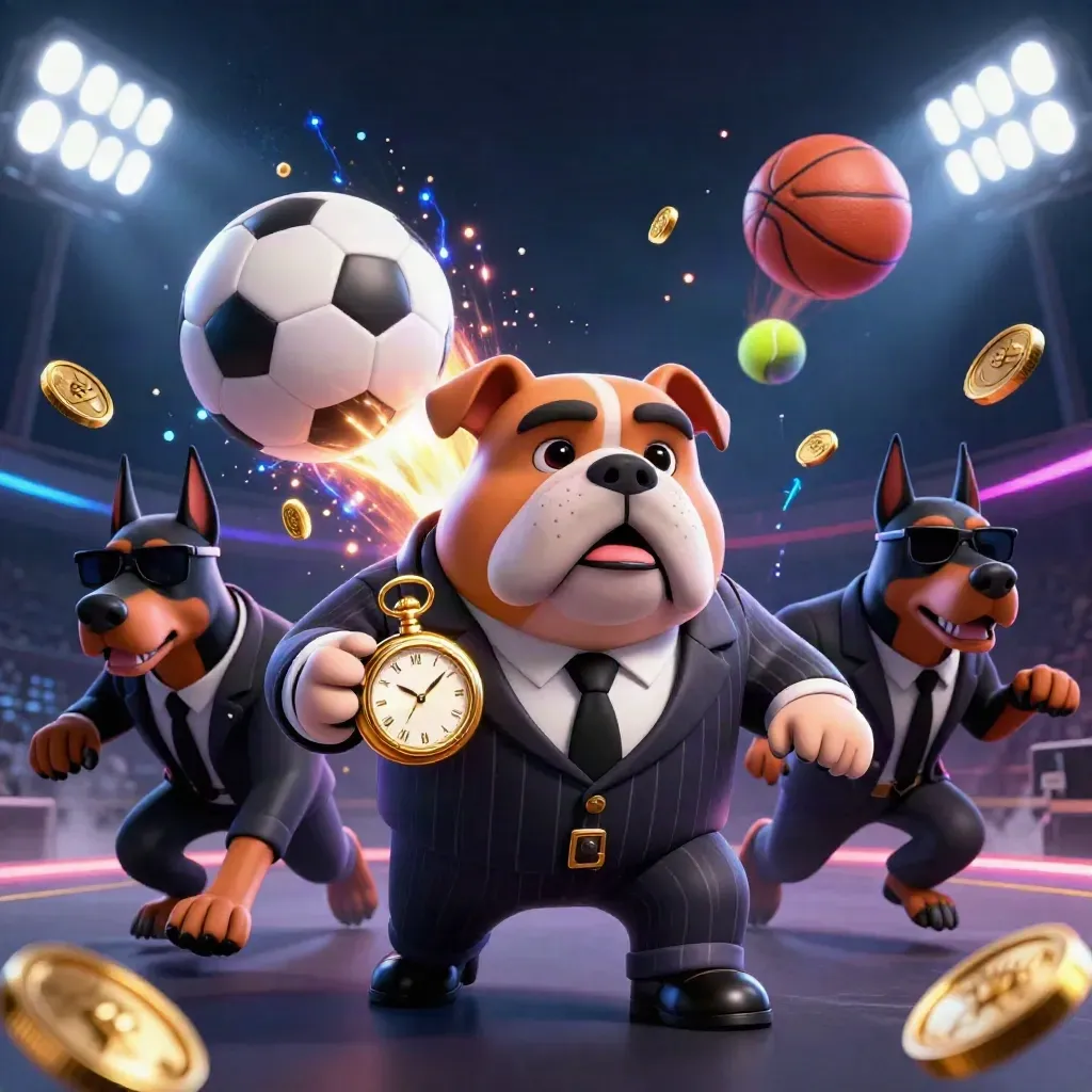 Bulldog mob boss, two Dobermans, flying balls, coins, trophy and floodlights in a neon casino burst.