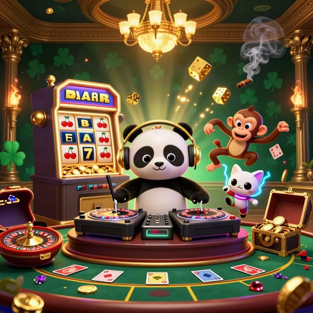 DJ panda, monkey, and kitten at a luxe casino stage with slot rays, dice, cards, and gold