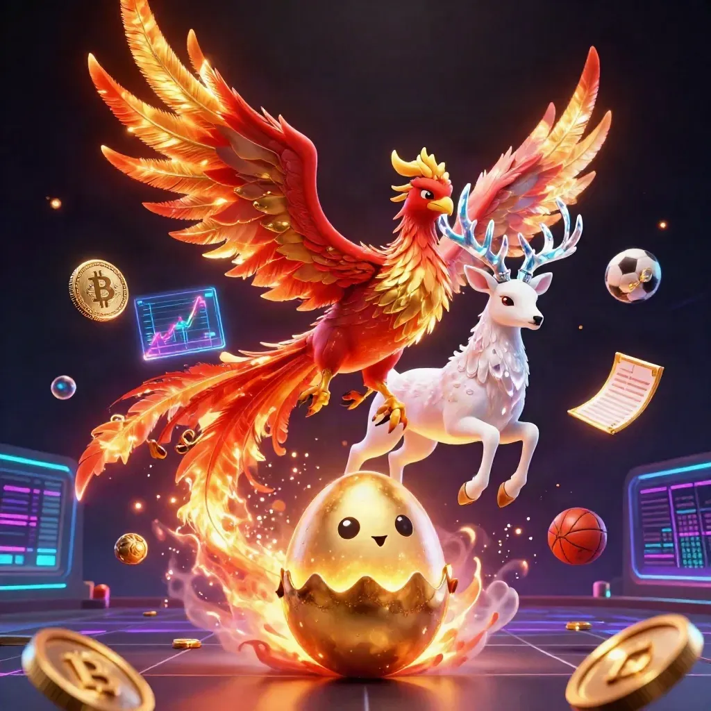 Fire phoenix, baby phoenix, and crystalline stag amid crypto coins and neon grid, ground-level fantasy casino art.