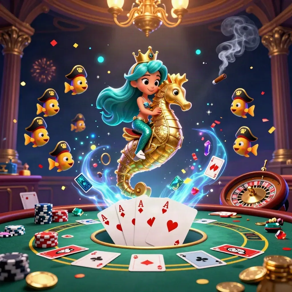Mermaid princess on a golden seahorse amid casino cards, chips, brass, smoke, and confetti.