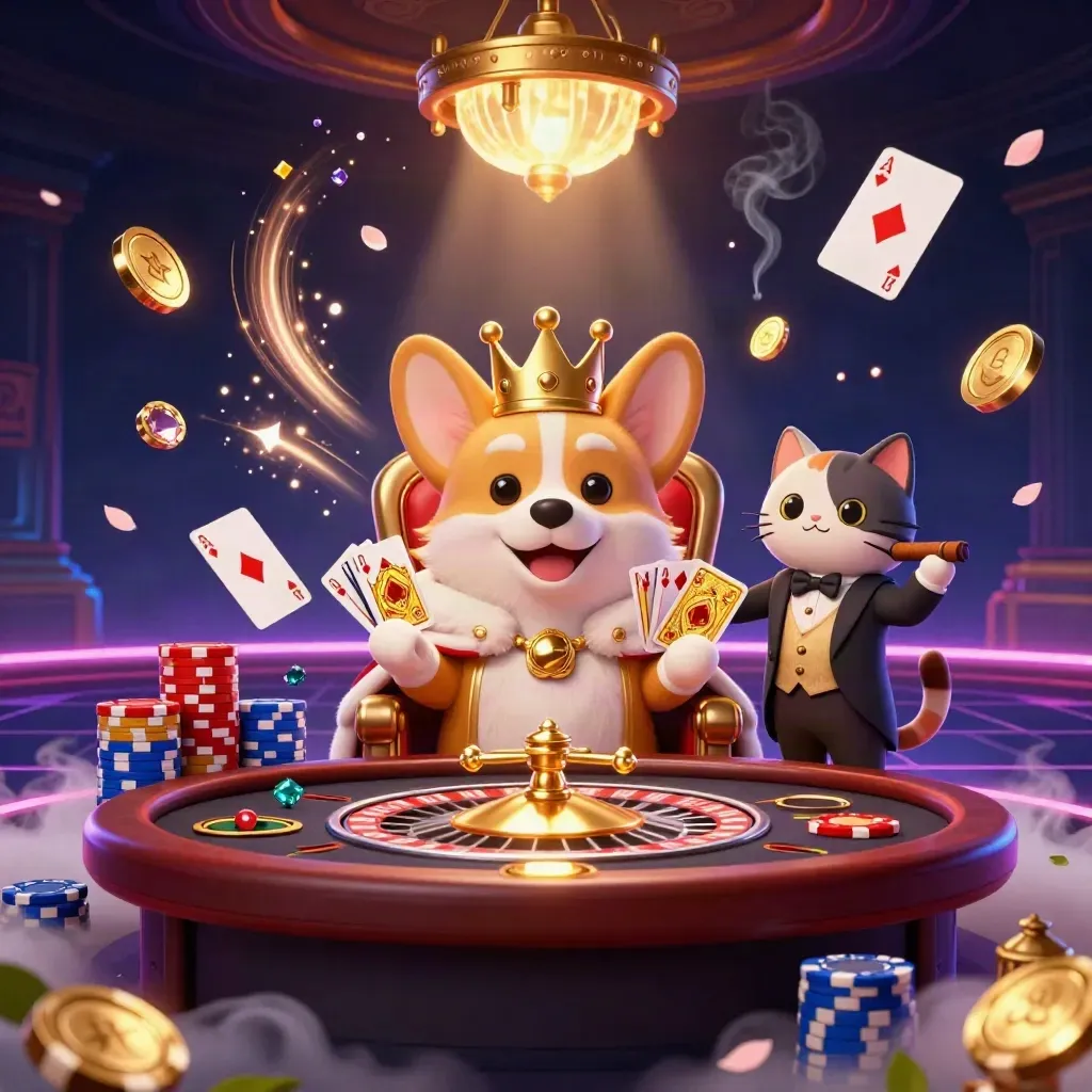 Crowned corgi and cat butler in a luxe casino room with spinning roulette, coins, gems, and gold light.