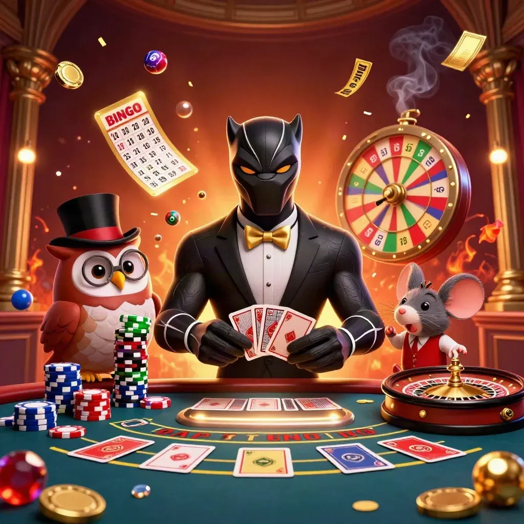 Panther, owl, and mouse in a luxe casino scene with glowing game elements and ember-lit smoke.