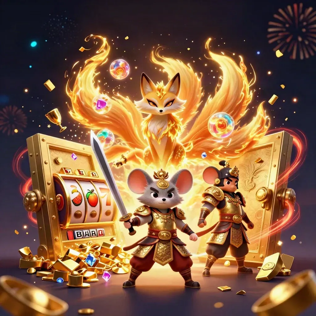 Fox spirit and armored samurai mouse bursting from a golden vault amid gems and gold on navy