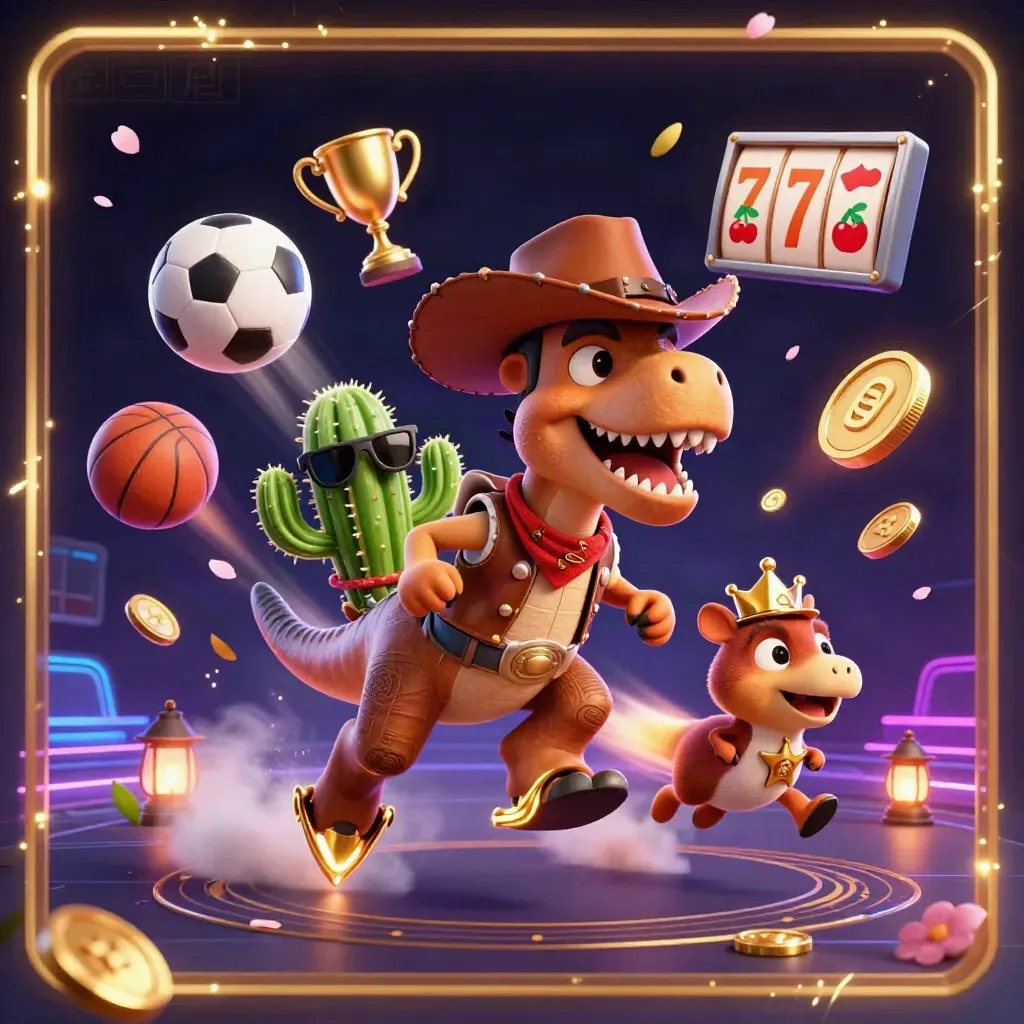 Cowboy T-Rex, cactus sidekick, and roadrunner burst through sports balls and gold in neon casino style.