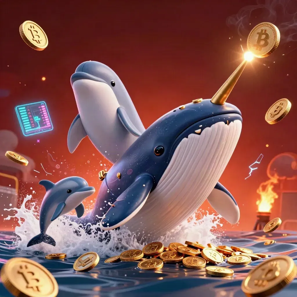 Whale captain, narwhal, and dolphins burst through coins with glowing crypto effects.