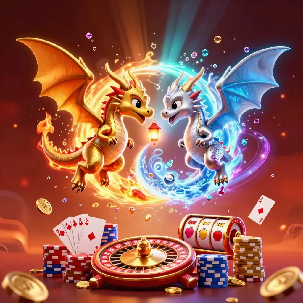 Gold and silver dragons in flight, casino treasures exploding around them, neon fantasy key art.