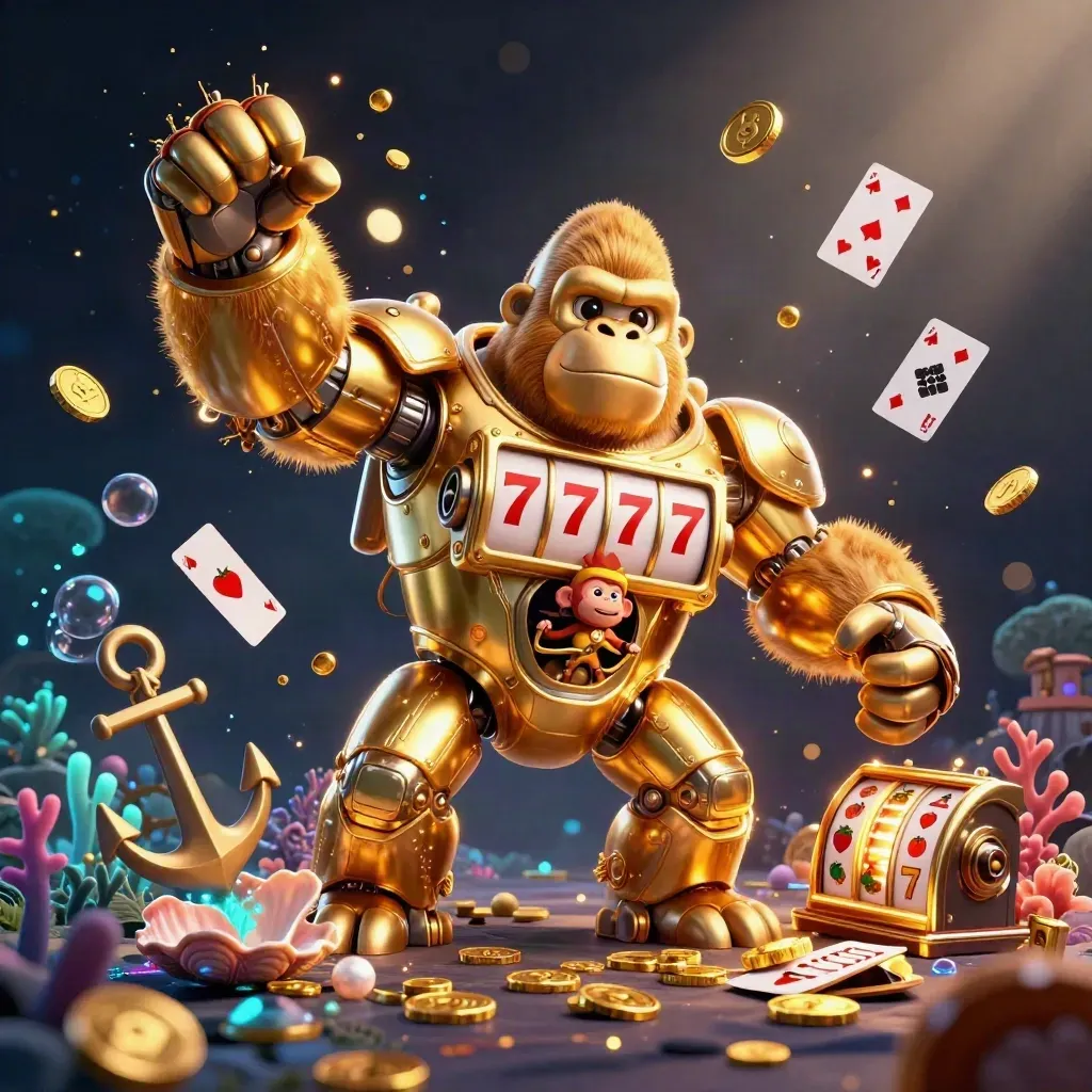 Golden gorilla mech in treasure cove with monkey pilot, coins, coral, and glowing slot energy.