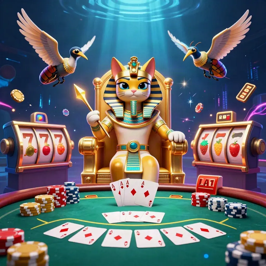 Pharaoh cat, ibis scribe and gem scarabs burst with poker chips, aces and gold casino energy.