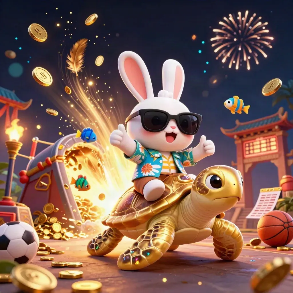 Lucky rabbit rides a gold turtle amid coins, fireworks, and betting symbols.