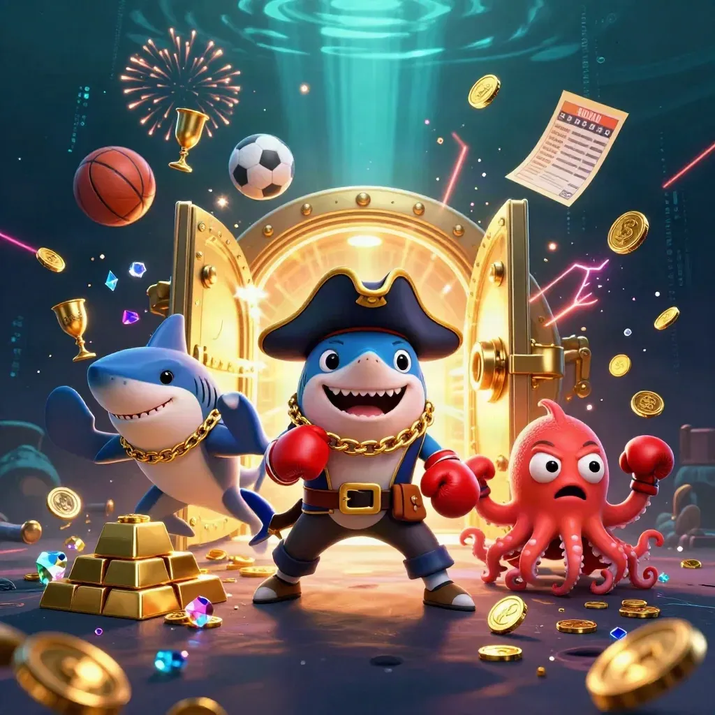 Pirate shark, boxing pufferfish, and juggling octopus amid a vault blast and gold coins