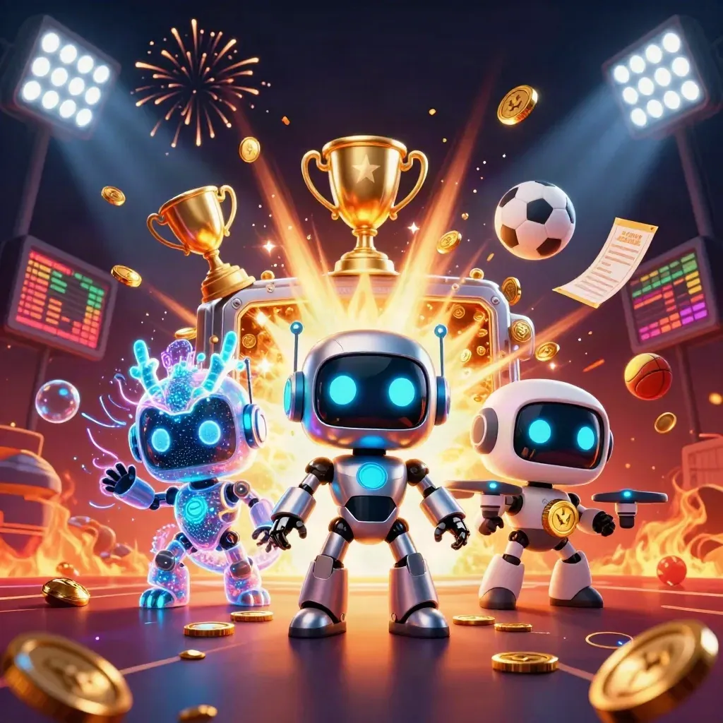 Robot, holographic dragon, and coin drone burst amid gold coins, sports balls, trophy, and fireworks.