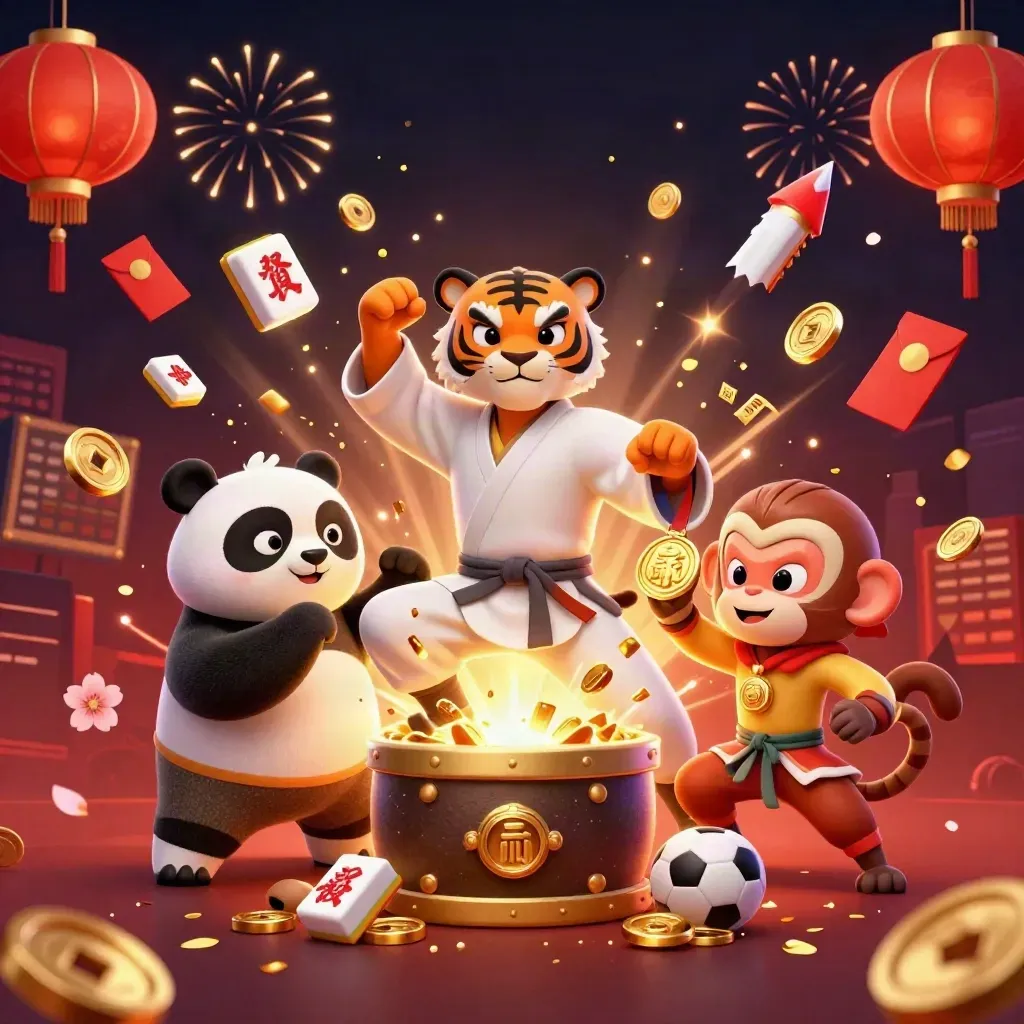 Kung-fu tiger, panda, and monkey amid treasure burst, coins, fireworks, and casino props.