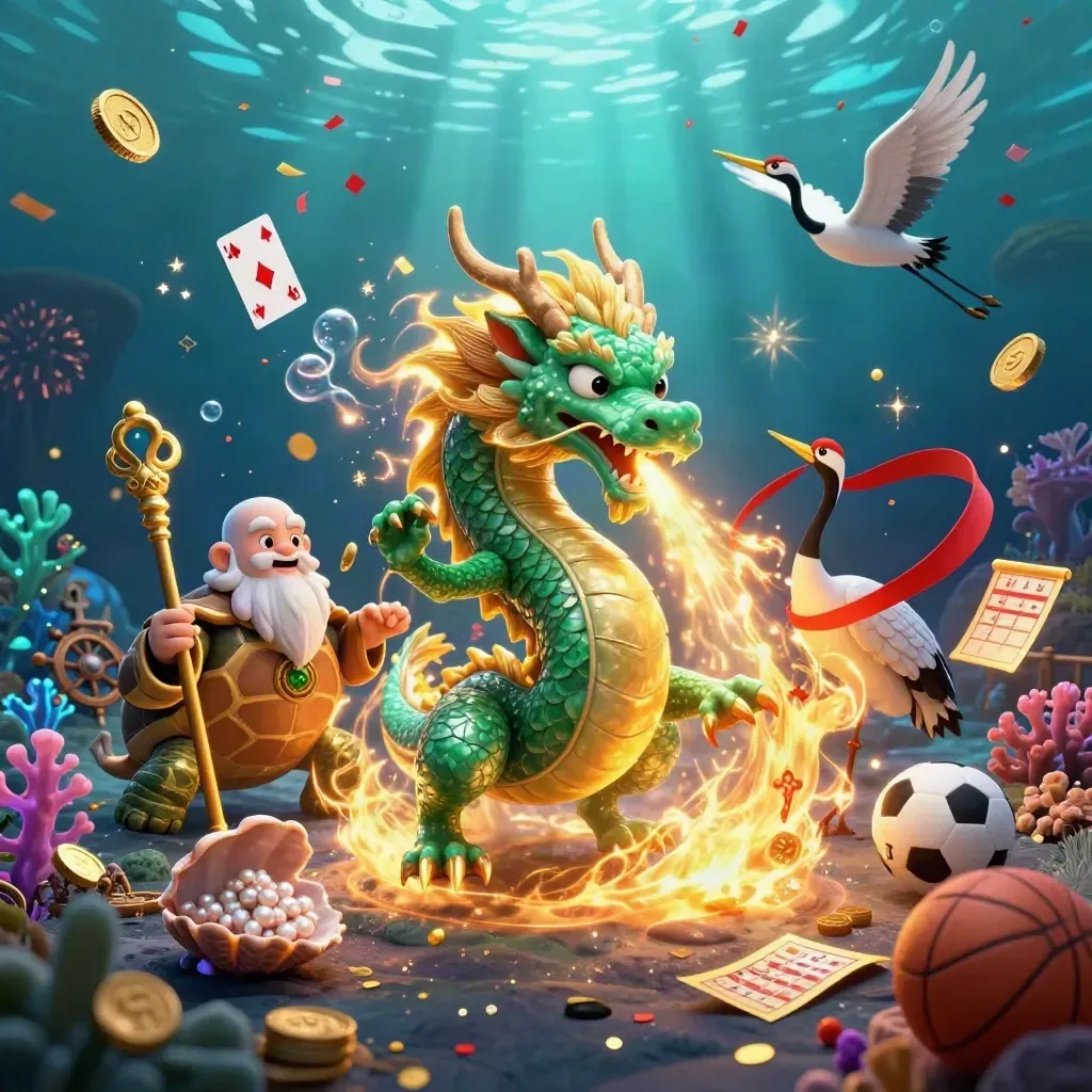 Dragon, turtle sage, and cranes amid gold coins, treasure, coral, and fireworks in an underwater casino scene.