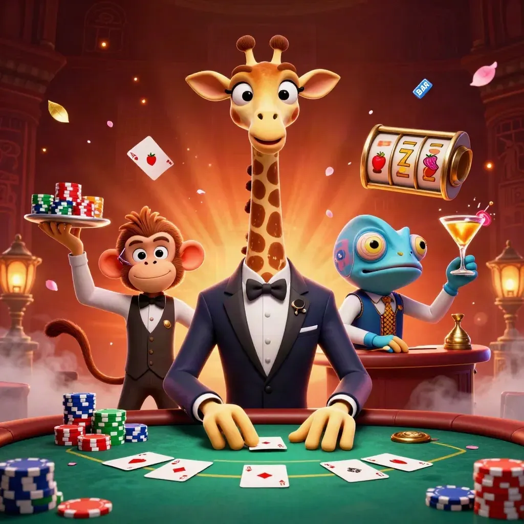 Giraffe gambler, monkey valet, and chameleon bartender at a glowing poker table with casino chips and reels