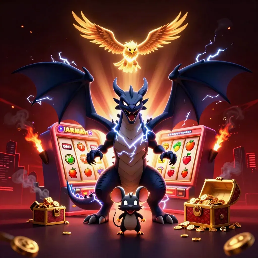 Thunder dragon, hawk, and static mouse amid slots, gold, and lightning on a dark casino backdrop.