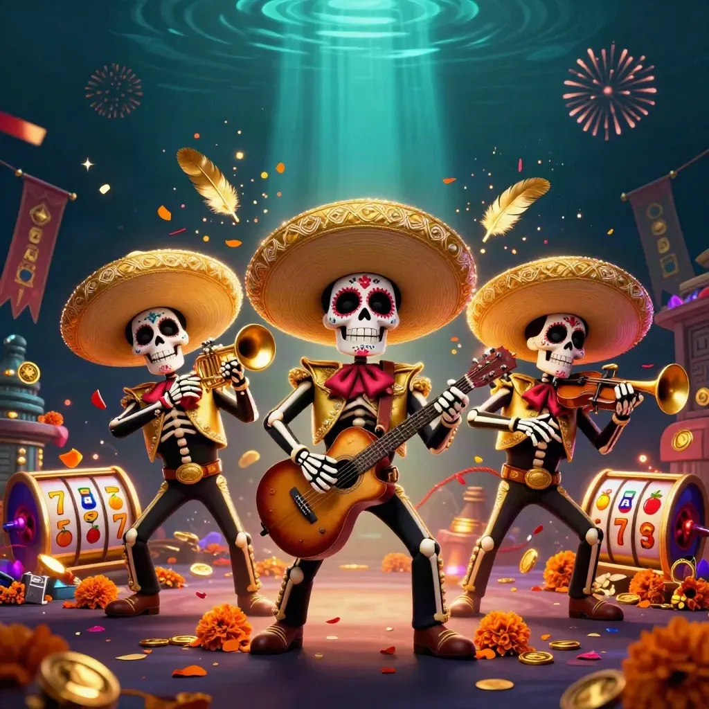 Three skeleton mariachi heroes amid gold coins, temple gate, fireworks, and casino slot effects