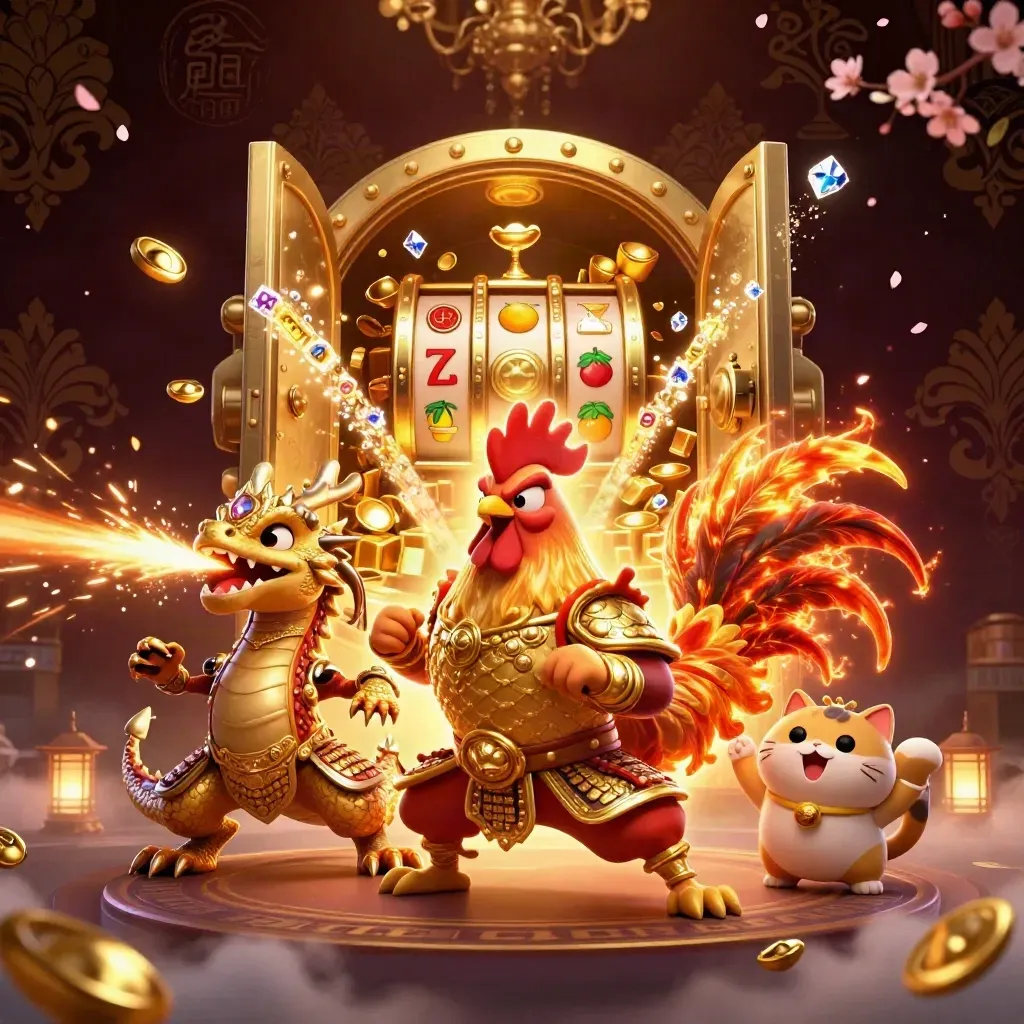 Rooster warrior, dragon hatchling, and fortune cat amid gold vault loot, sparks, petals, and slot reels.