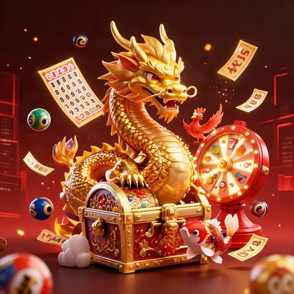Golden dragon, phoenix, and koi amid casino bursts on a dark red neon background.