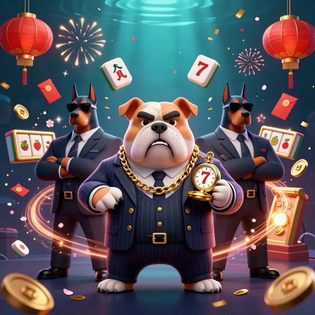 Bulldog mob boss with two Doberman guards amid casino props, coins, lanterns, fireworks, and gold confetti