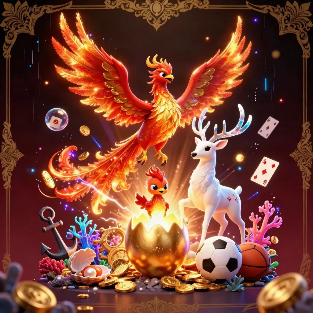 Phoenix, baby phoenix, and crystal-antler stag amid gold coins, treasure, and casino glow.