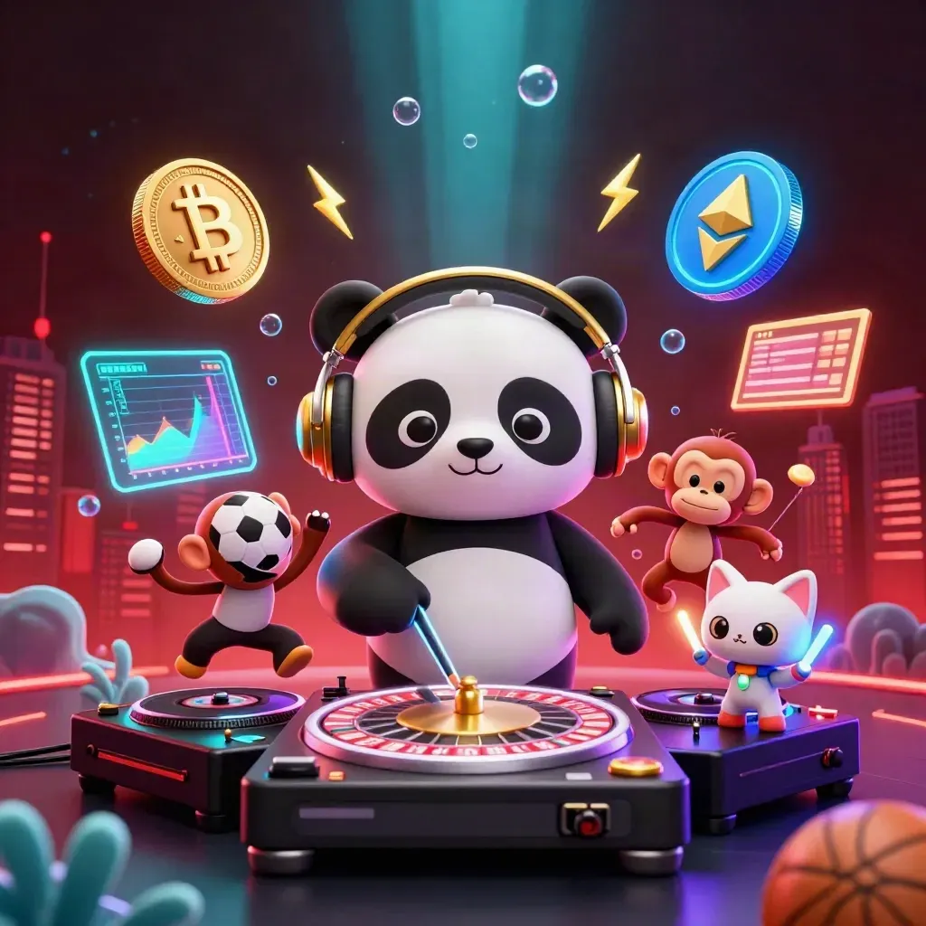 DJ panda, breakdancing monkey, and rave kitten amid coins, lightning, and neon casino energy.