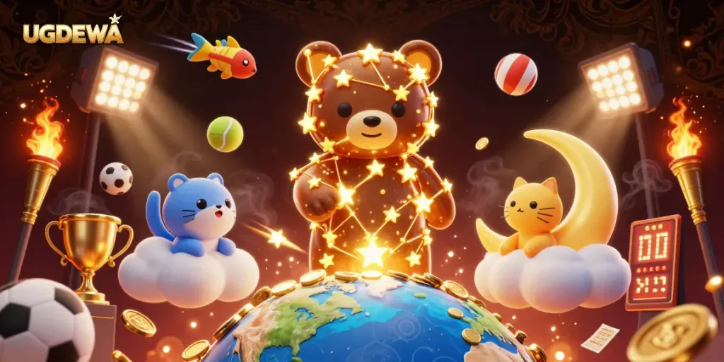 Experience the thrill of UGDEWA with cosmic characters scooping coins amidst vibrant gaming elements.