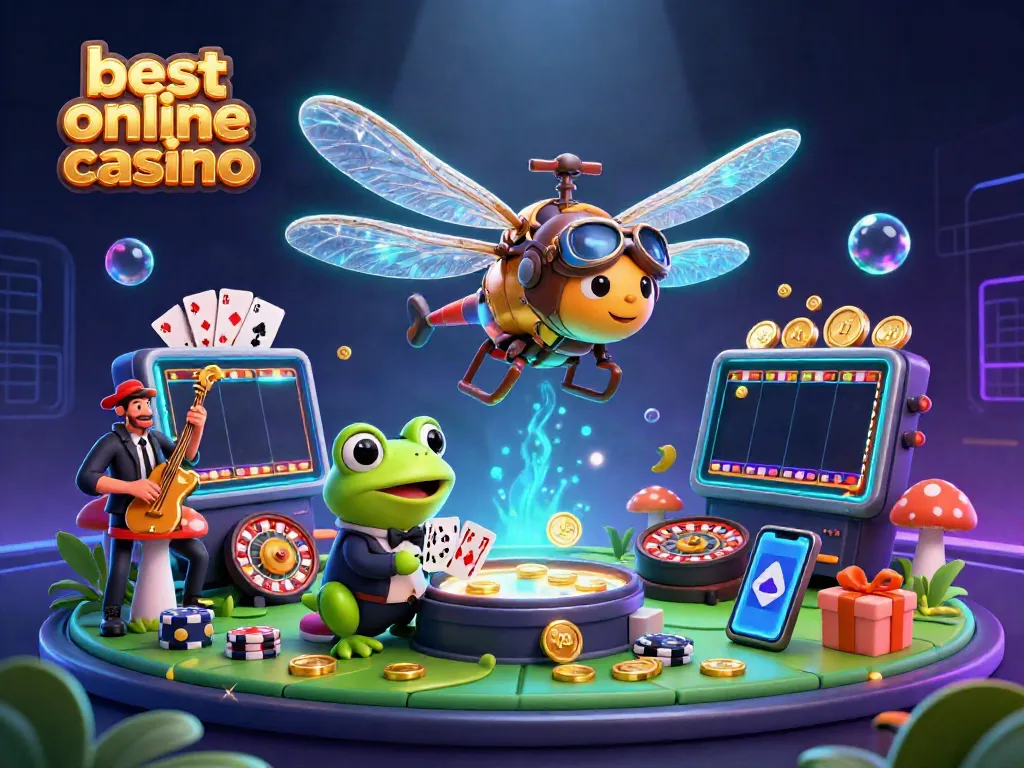 Experience the excitement of the best online casino with a lively scene featuring a dragonfly pilot and card shark in action.